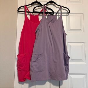 Women’s Athletic Dress Set, workout romper with built-in shorts, pink and purple